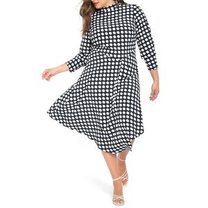 ELOQUII Women's Asymmetrical Navy Polka Dot Dress